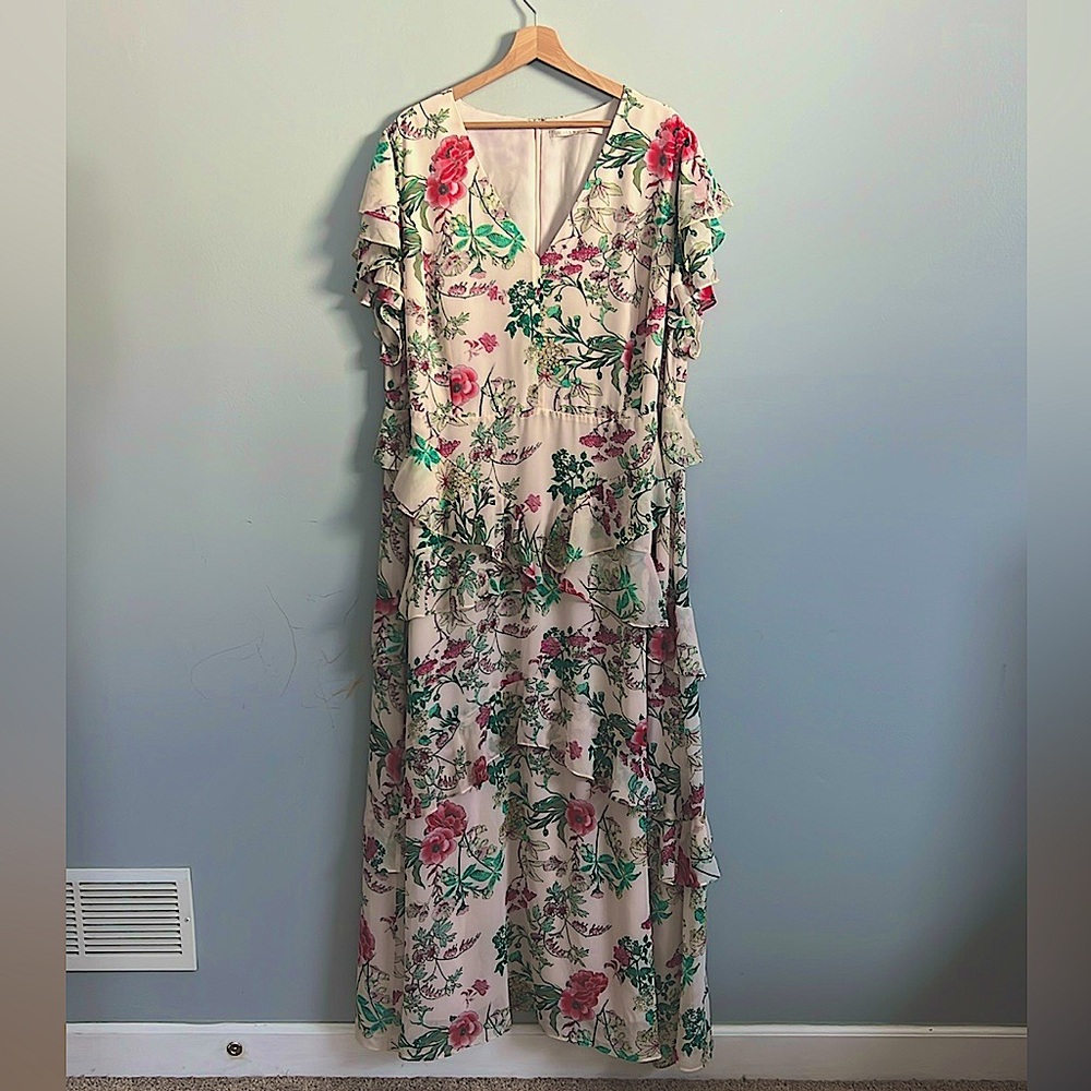 RACHEL Roy Ruffle Tiered Cap Sleeve V-Neck Floral Flowy Maxi Dress Plus 20W